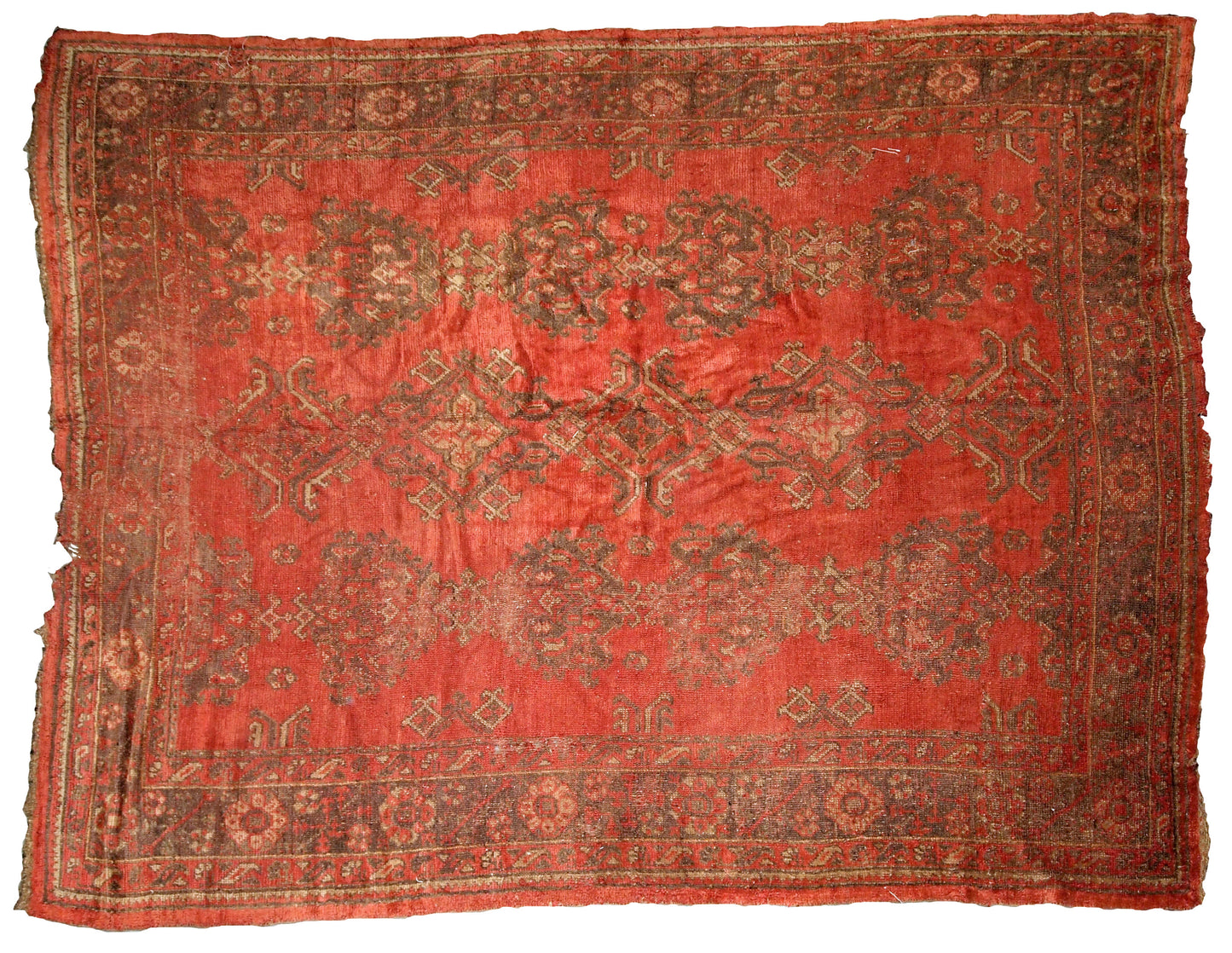 Antique handmade Turkish rug in orange color. The rug is from the beginning of 20th century in original condition, it has some signs of age.