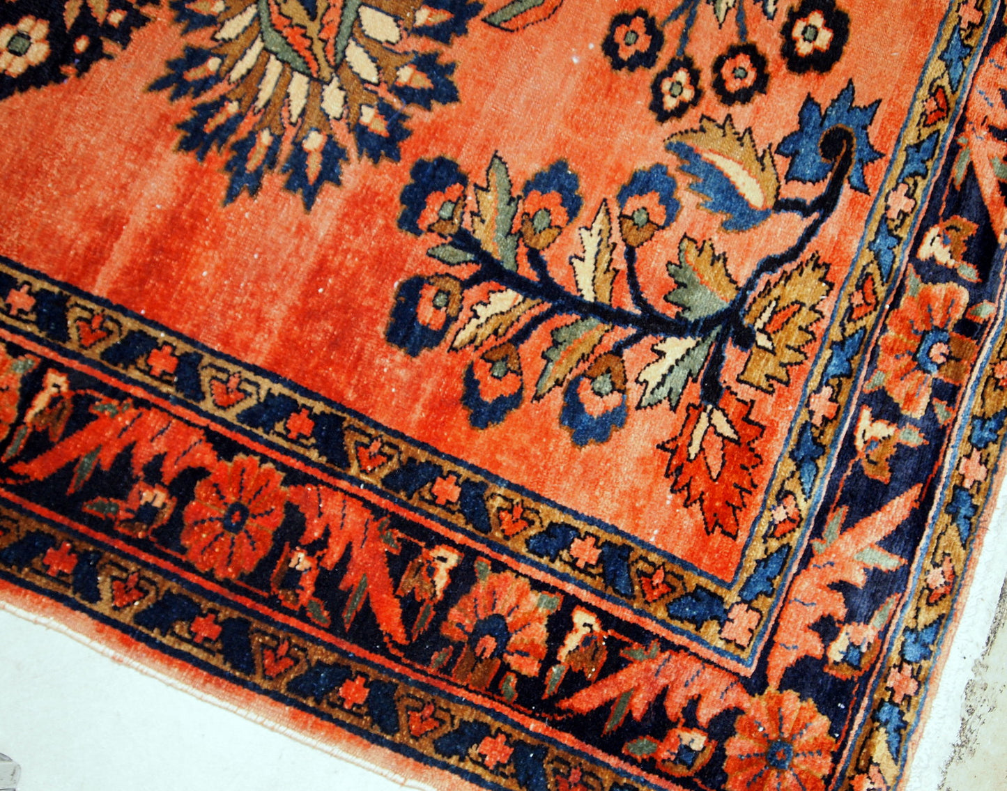 Antique hand-woven Lilihan rug in navy blue, white and red  colors. This rug is from the beginning of 20th century in original good condition.
