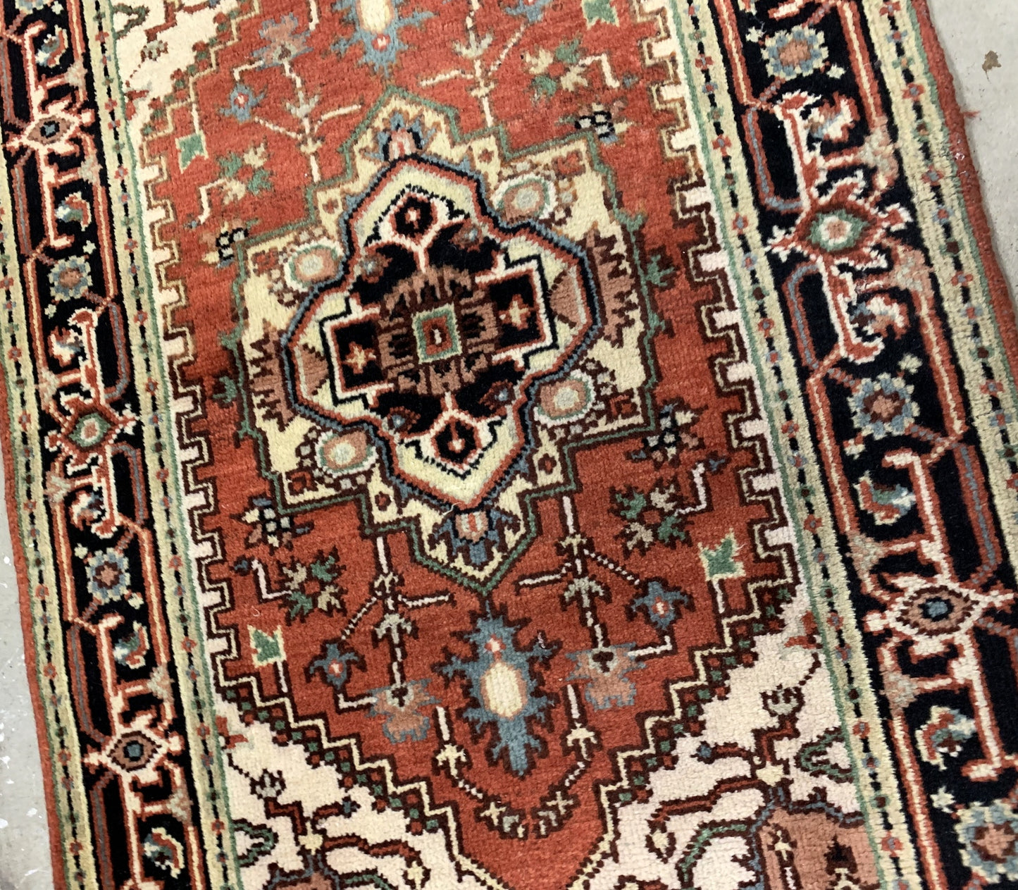Handmade vintage Middle Eastern rug in traditional design and natural dyes. The rug is from the end of 20th century in original good condition.