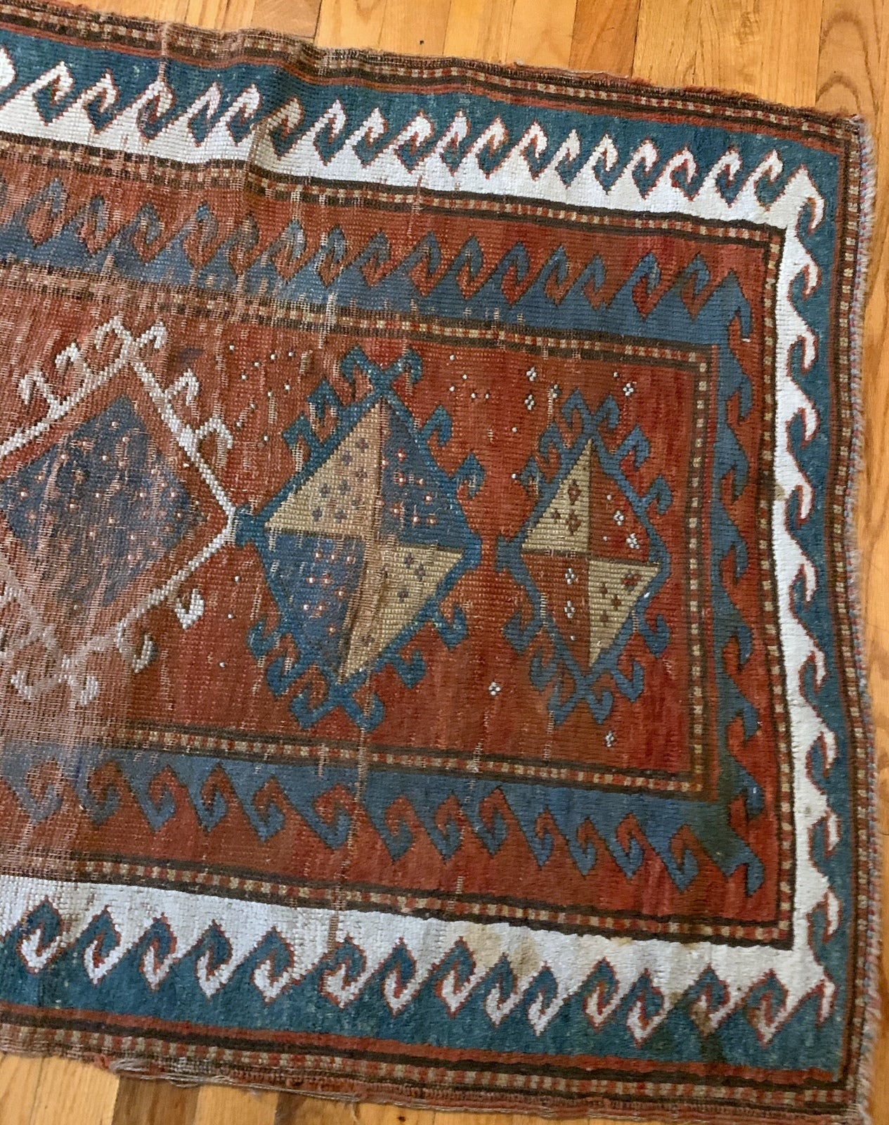 Handmade antique collectible Caucasian Kazak rug 1880s