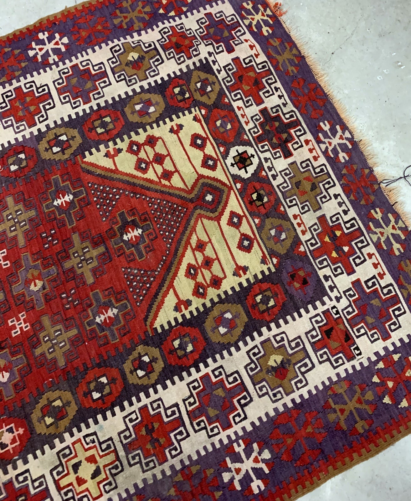 Handmade antique prayer Turkish kilim in bright shades. The rug is from the beginning of 20th century in original good condition.