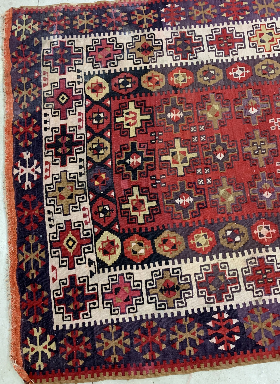 Handmade antique prayer Turkish kilim in bright shades. The rug is from the beginning of 20th century in original good condition.