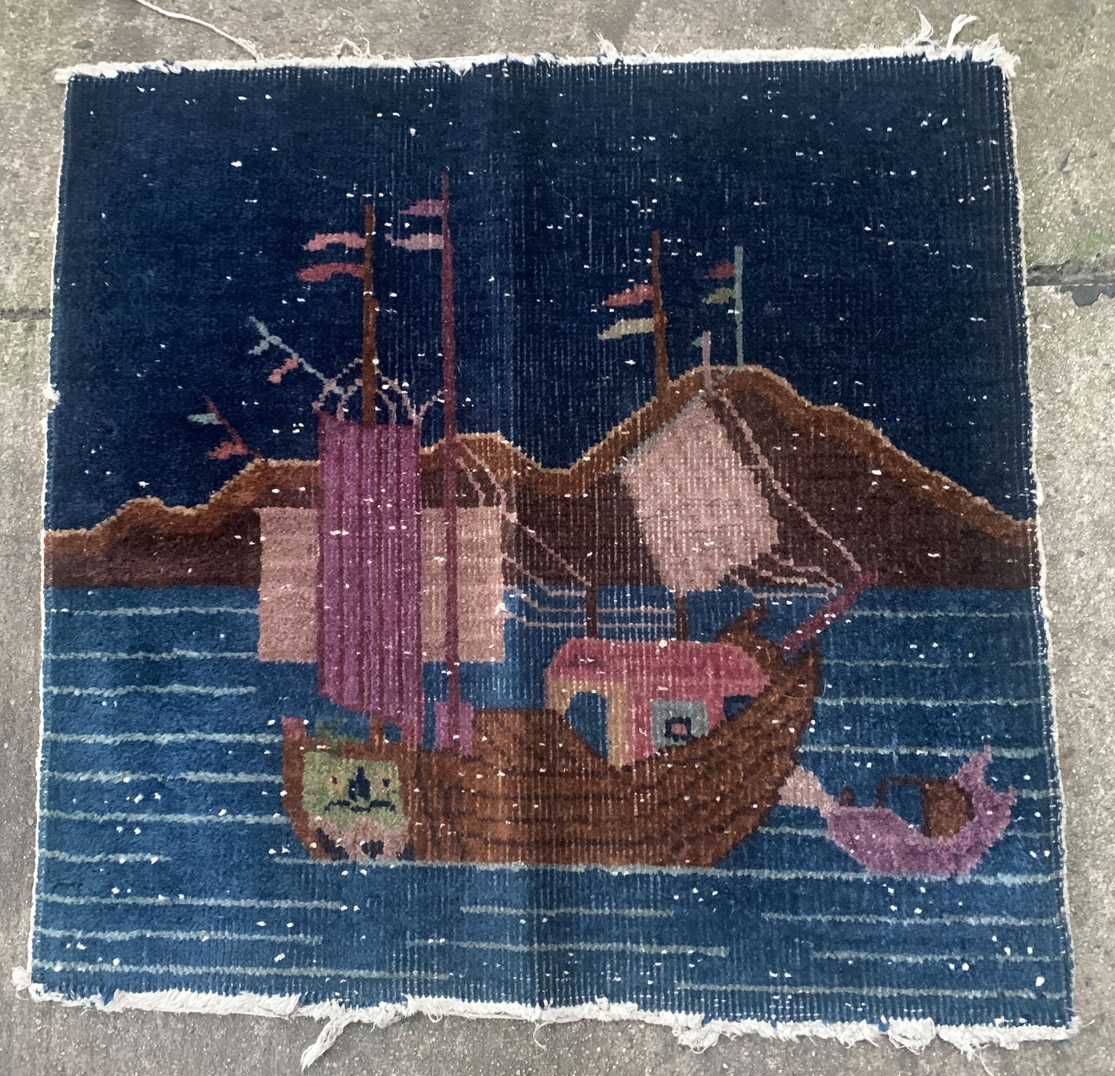 Handmade antique Art Deco Chinese rug in blue shade. The rug is from the beginning of 20th century in original condition, it has some low pile. 