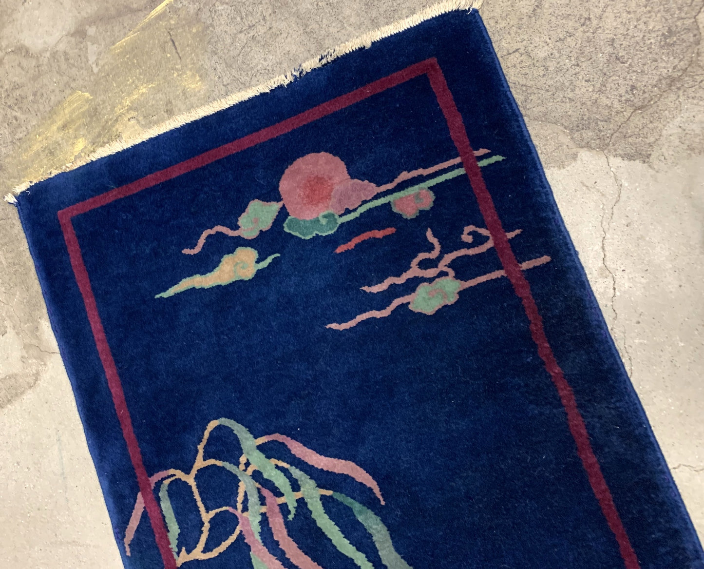 Handmade antique Art Deco Chinese rug in deep blue shade. The rug is from the beginning of 20th century in original condition. 