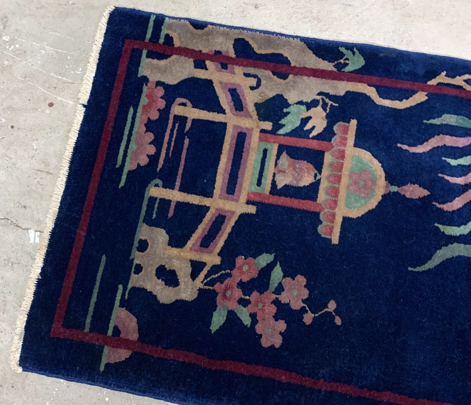 Handmade antique Art Deco Chinese rug in deep blue shade. The rug is from the beginning of 20th century in original condition. 