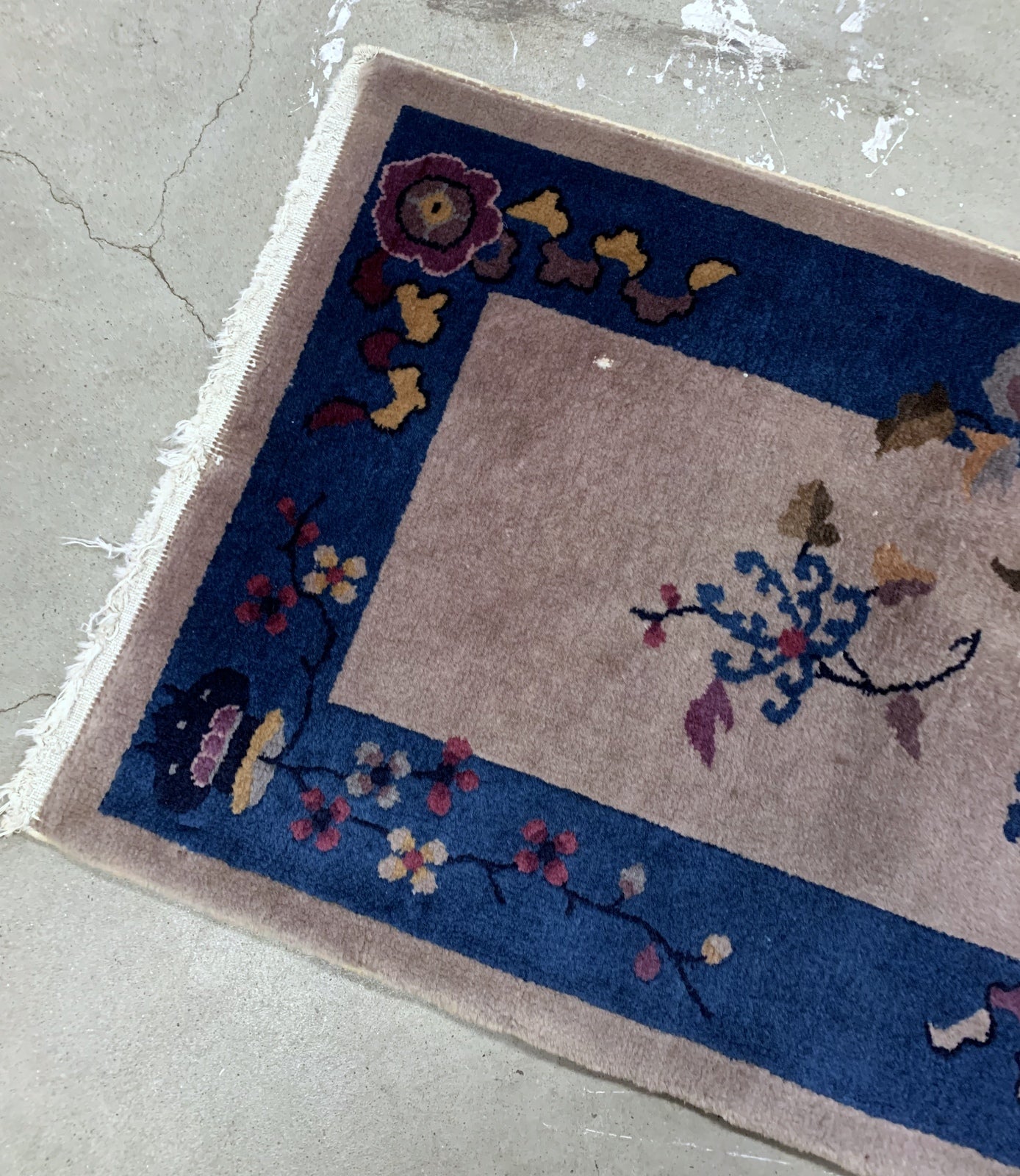 Handmade antique Art Deco Chinese rug in deep blue and light burgundy shades. The rug is from the beginning of 20th century in original mint condition. 