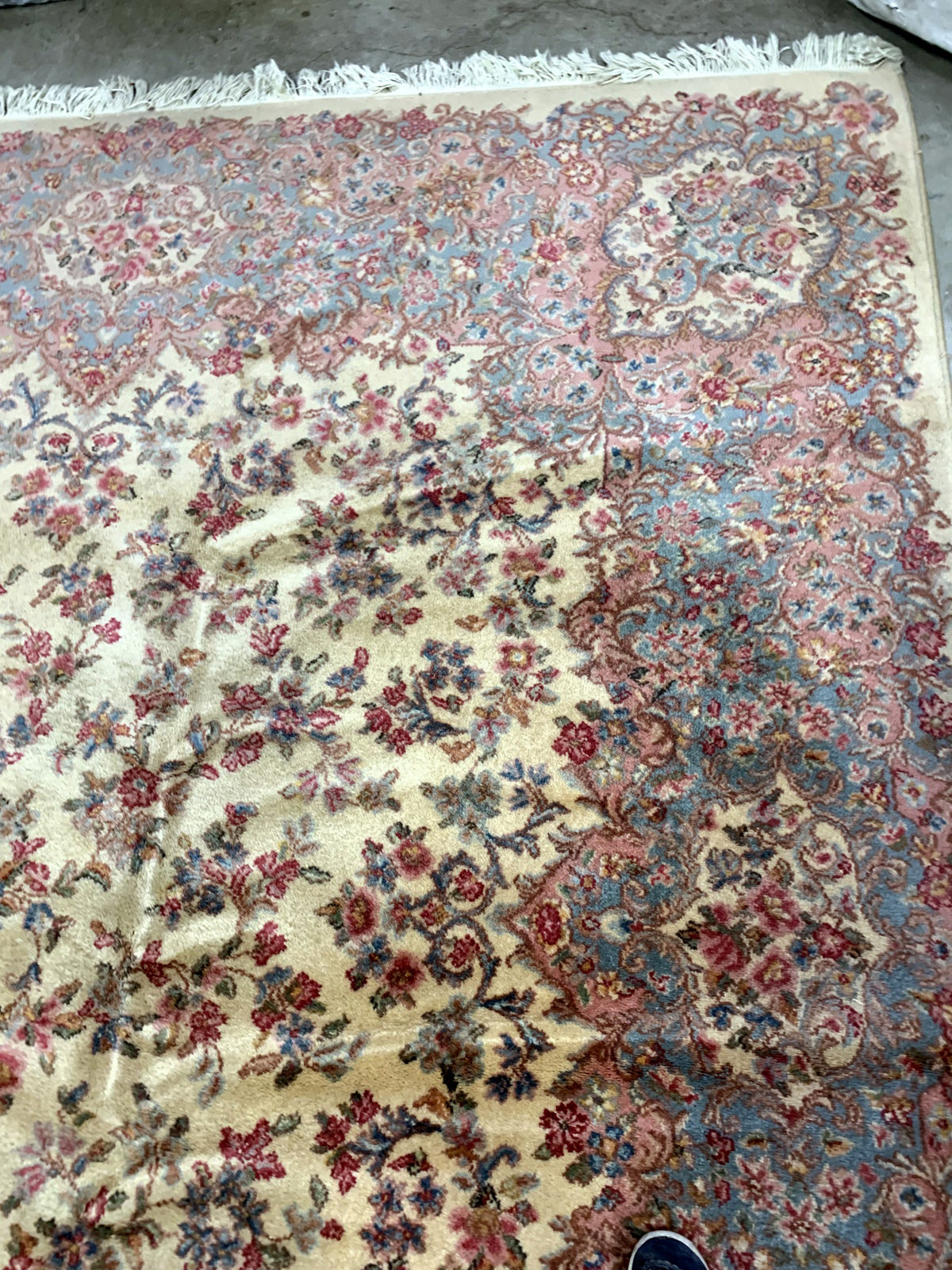 Vintage American Karastan rug made in beige wool. The rug has been made in USA with Persian Kerman design. This piece is from the middle of 20th century in original good condition.