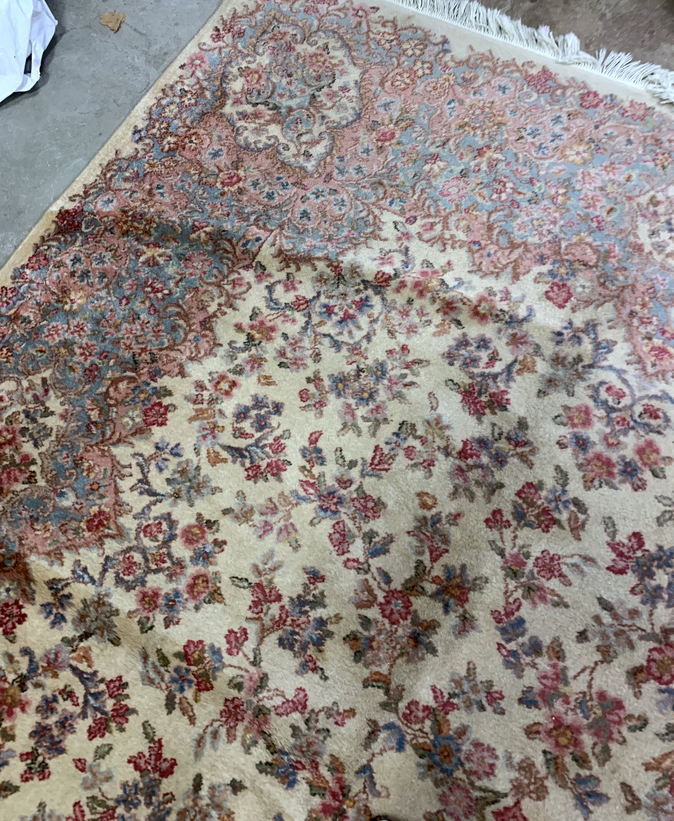 Vintage American Karastan rug made in beige wool. The rug has been made in USA with Persian Kerman design. This piece is from the middle of 20th century in original good condition.