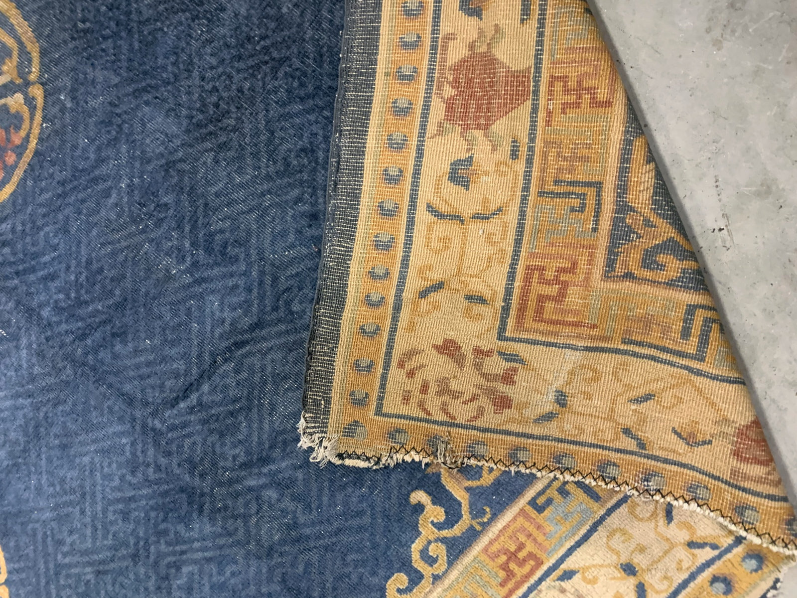 Handmade antique Peking Chinese distressed rug 1900s