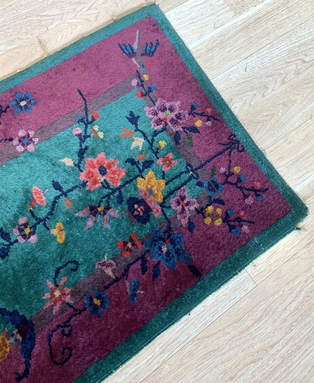 Close-up of Floral Pattern on Vintage Chinese Rug