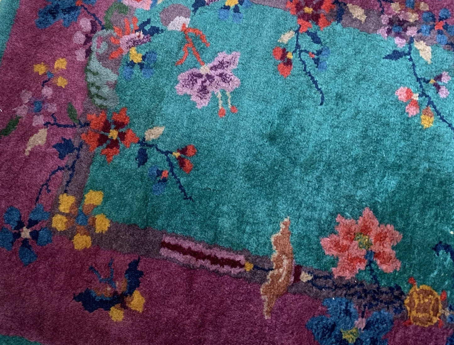 Vintage Chinese Rug with Green Background and Burgundy Border 