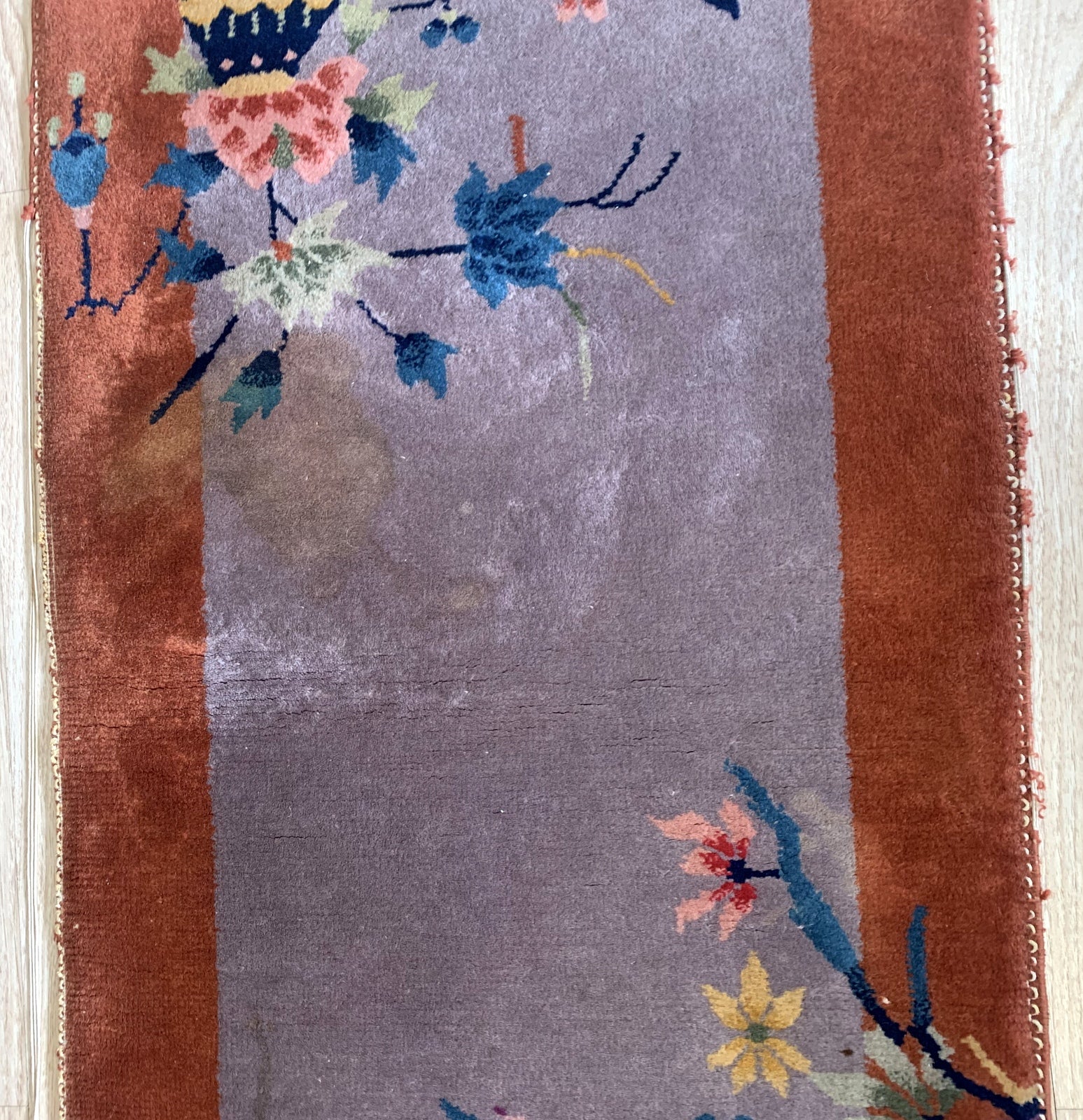 Detail shot of Antique Art Deco Chinese rug - Vintage wool carpet showcasing Art Deco style and original patina