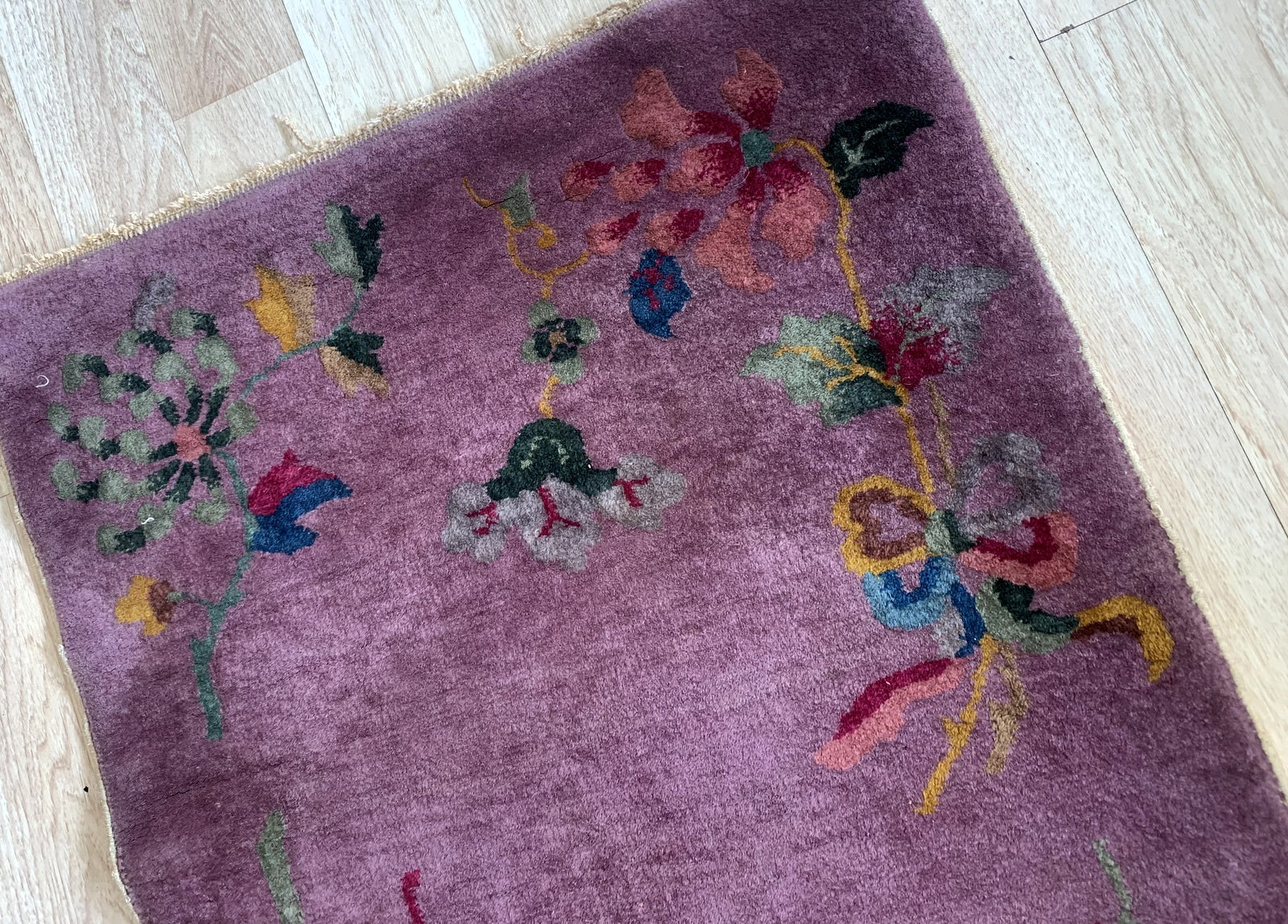 Detailed View of Vintage Chinese Rug's Heather, Yellow, Green, and Blue Hues