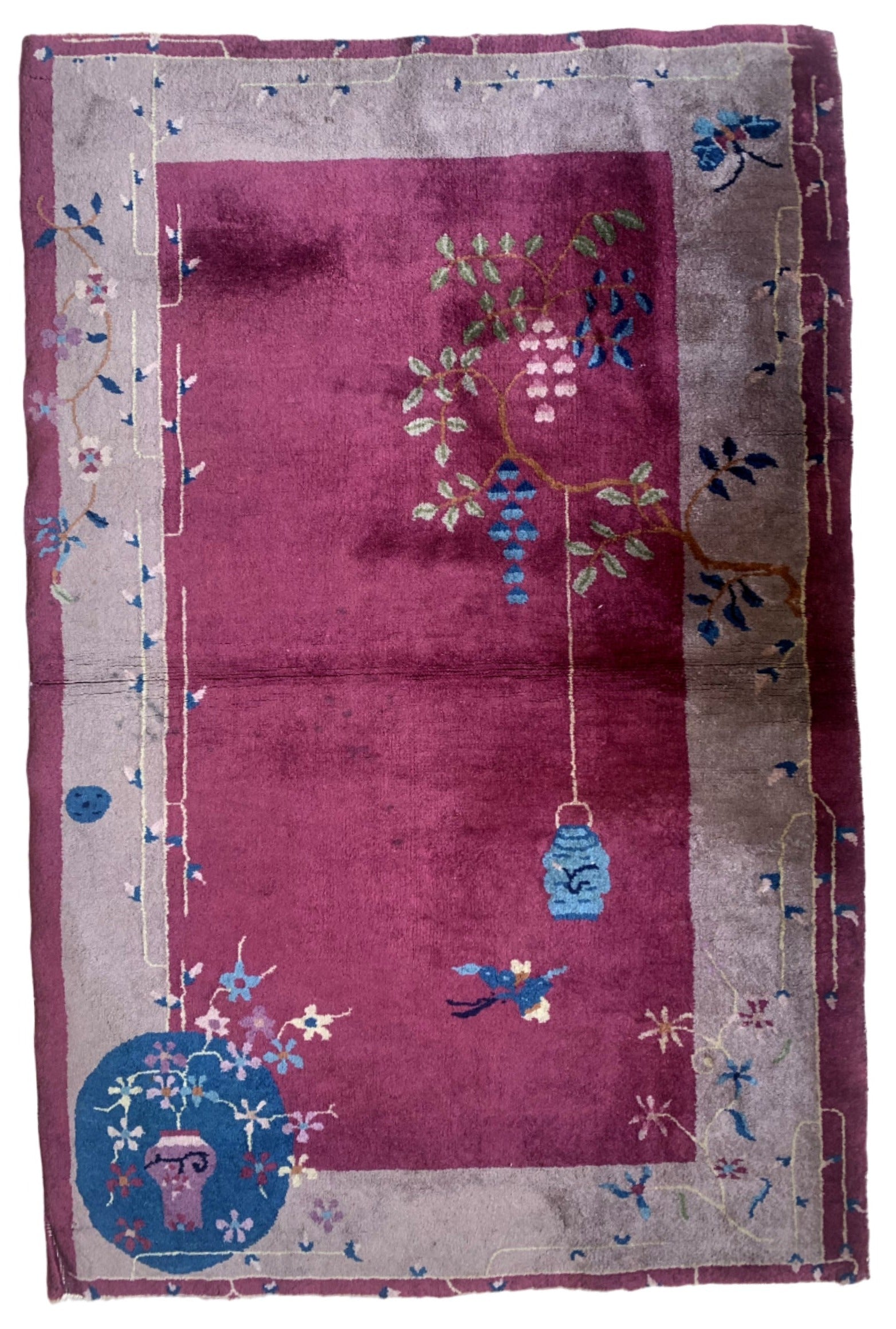 Vintage Chinese rug with Art Deco-inspired design and fine wool craftsmanship