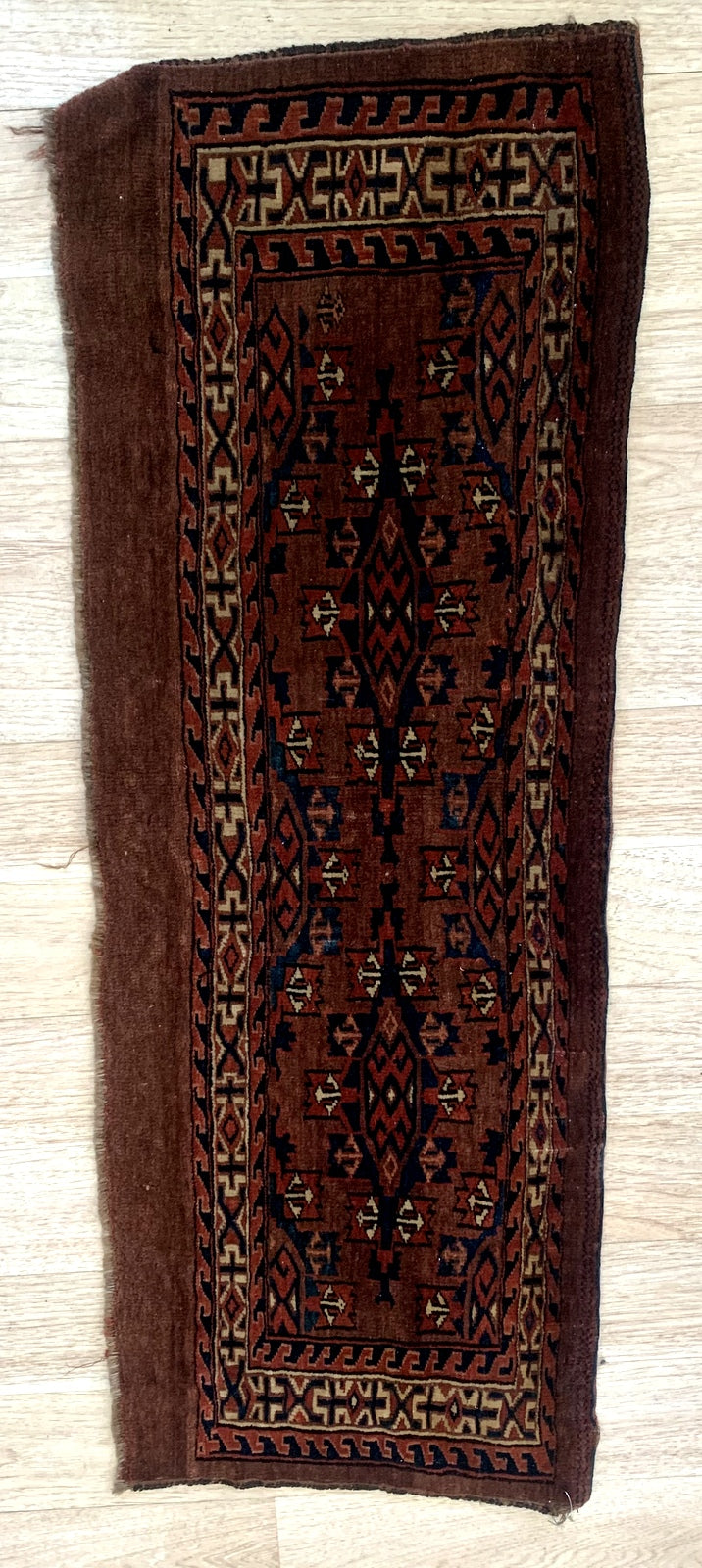 Handmade antique Turkmen Yomud torba in original good condition. The rug has been made in the end of 19th century in Turkmenistan. All dyes on the rug are natural. This rug is collectible piece.