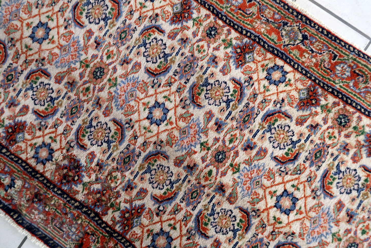 Handmade vintage Persian Mahal runner in all-over design. The runner is from the end of 20th century in good condition, it has some old restoration on one part of the border.