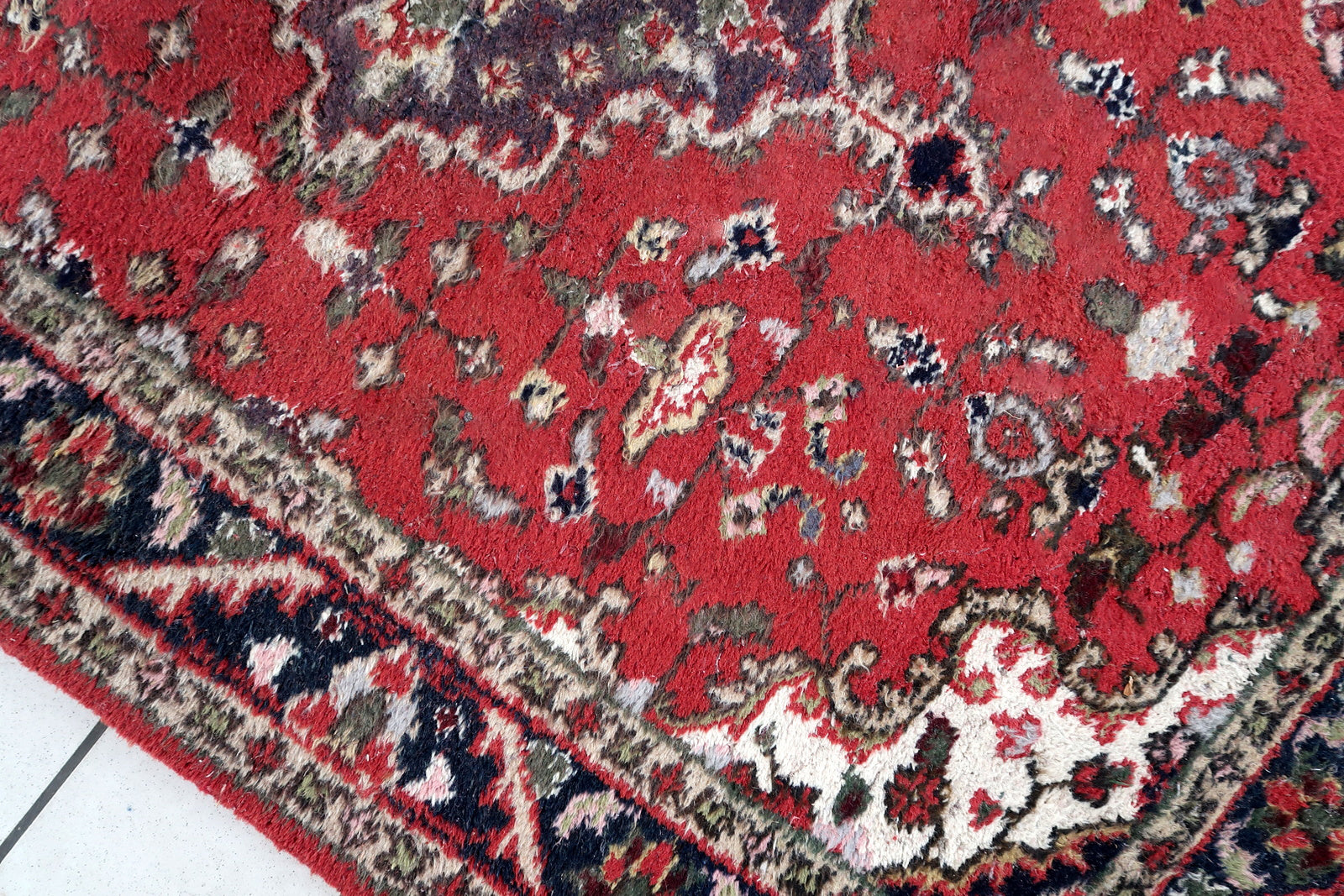 Handmade vintage Persian Hamadan rug in red and blue colors. The rug is from the end of 20th century in original good condition.