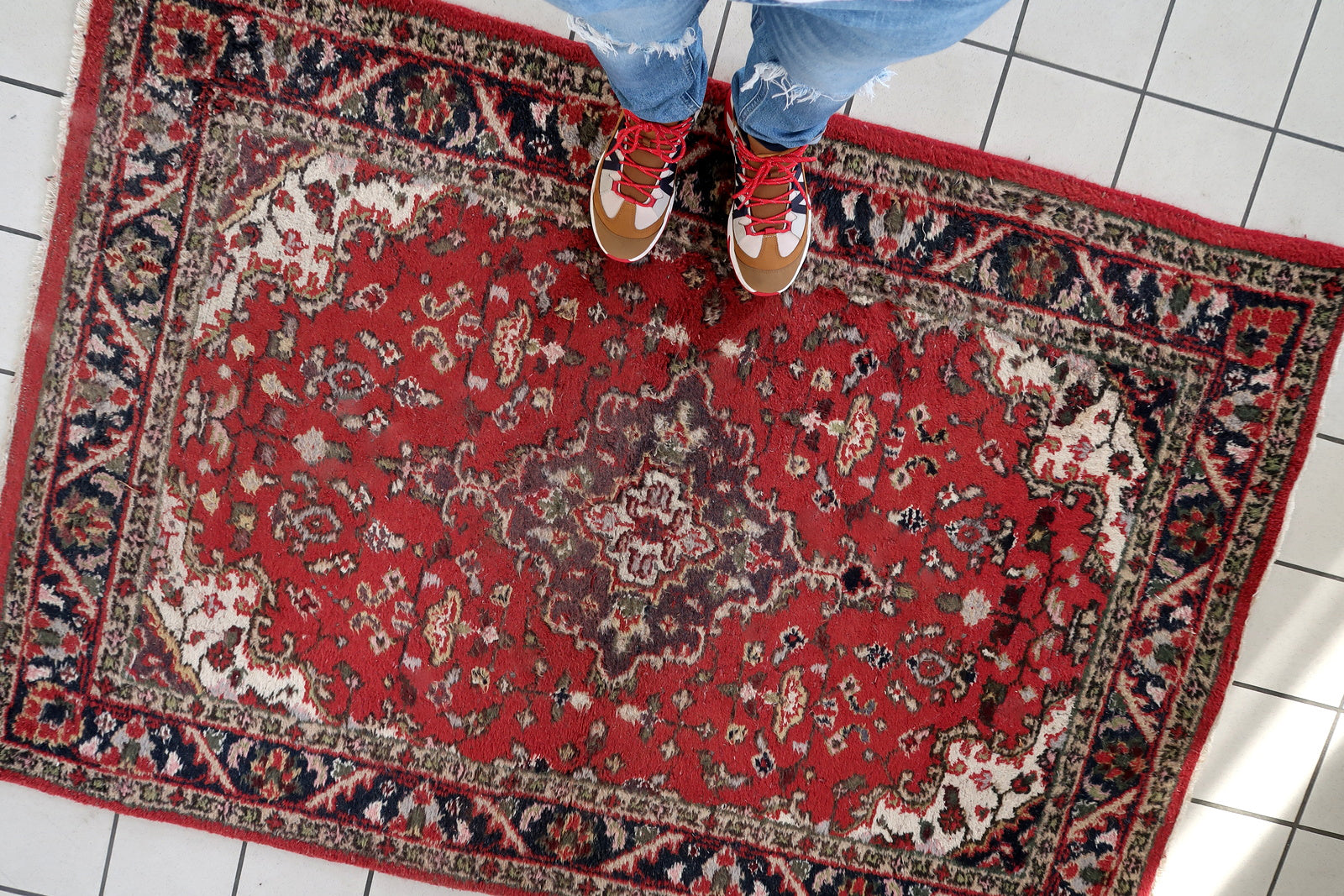 Handmade vintage Persian Hamadan rug in red and blue colors. The rug is from the end of 20th century in original good condition.