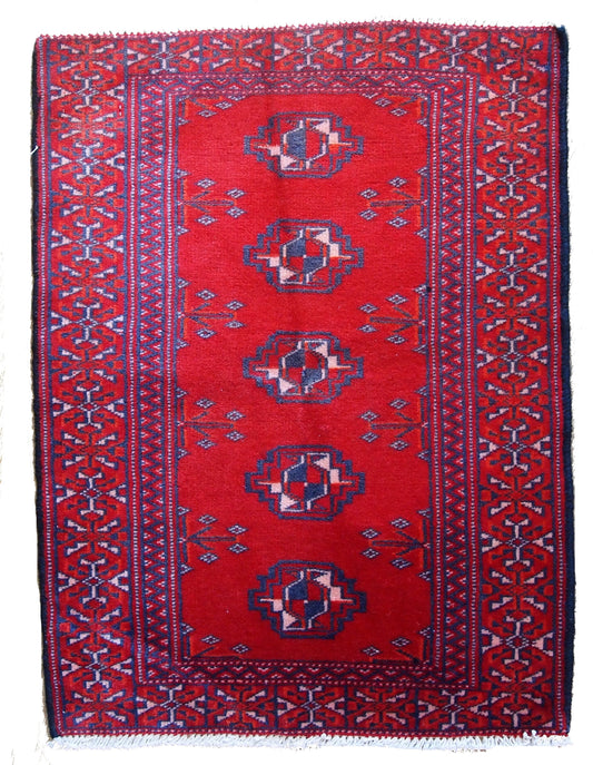 Main view of Handmade Vintage Turkmen Rug in Bright Red and Purple