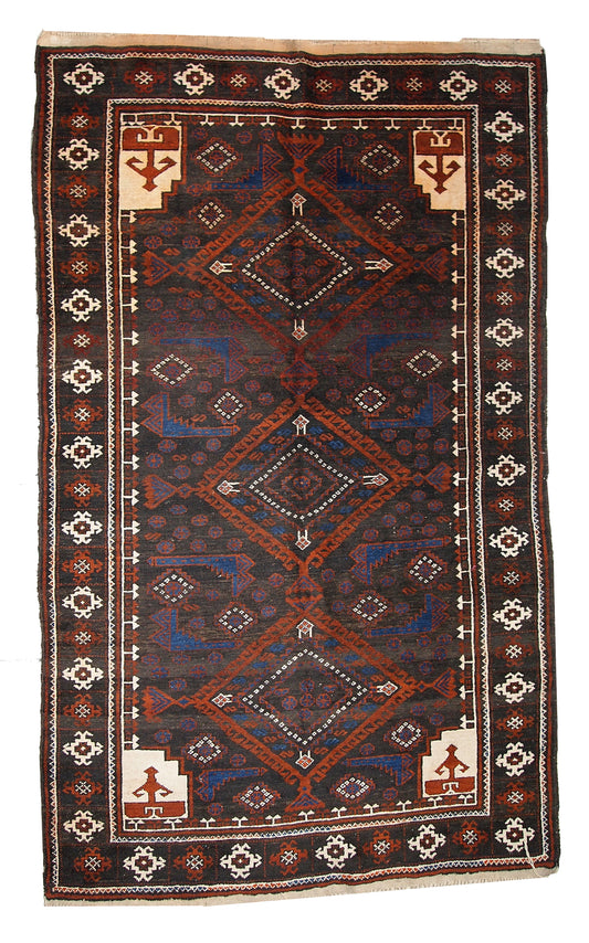 Front view of Handmade vintage Afghan Baluch rug - 3.7' x 6.1' (117cm x 187cm) - 1940s - Tribal figures in rusty red, bright blue, and white on a chocolate brown field.