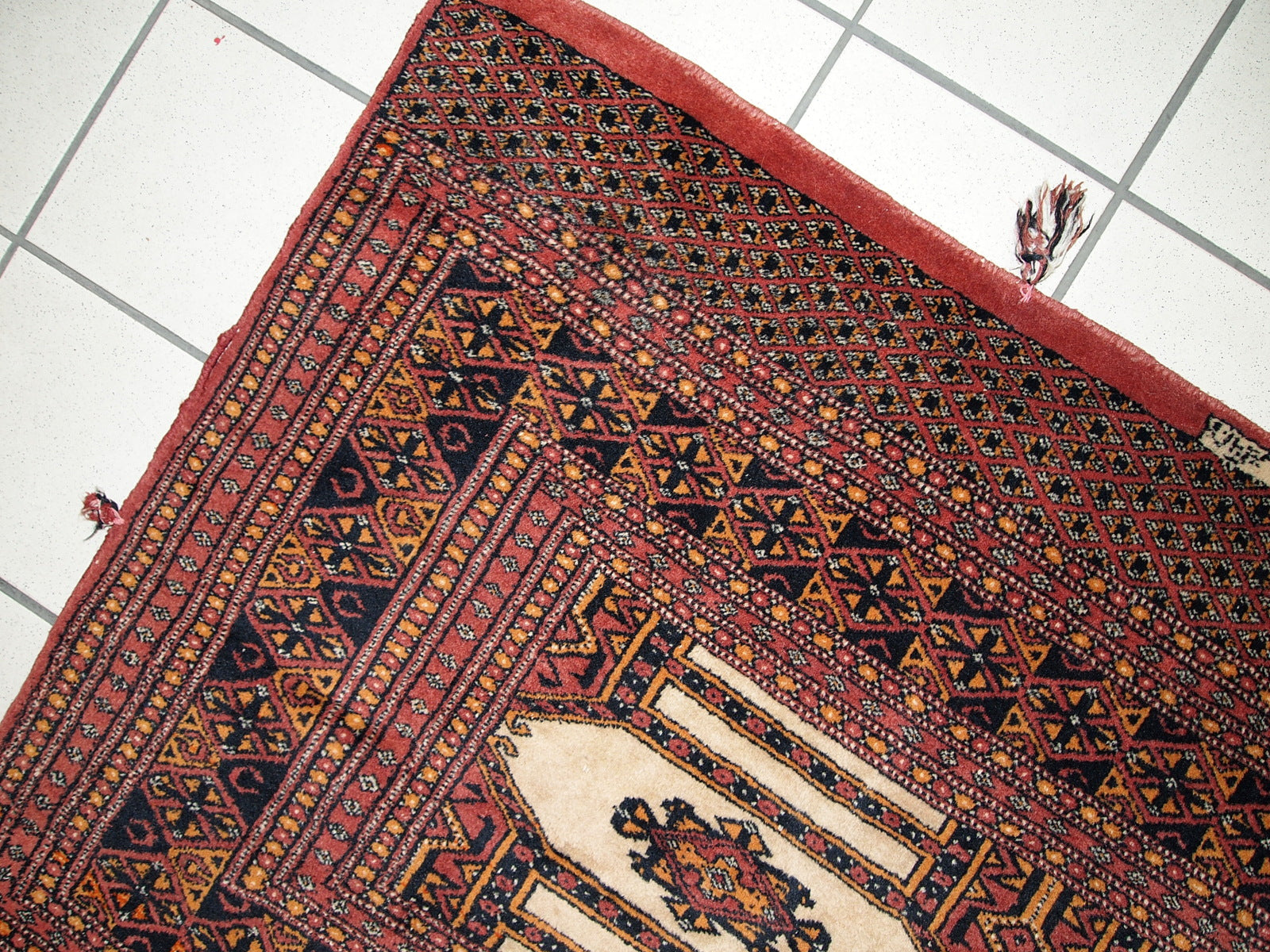 Close-Up of Geometric Design on Vintage Turkmen Rug