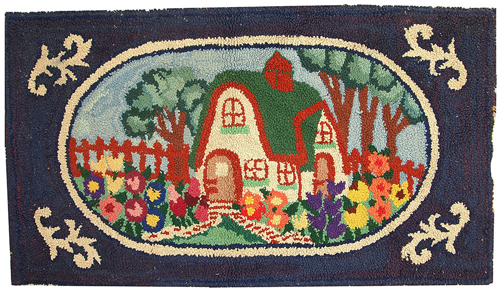 Handmade antique American Hooked rug with the house