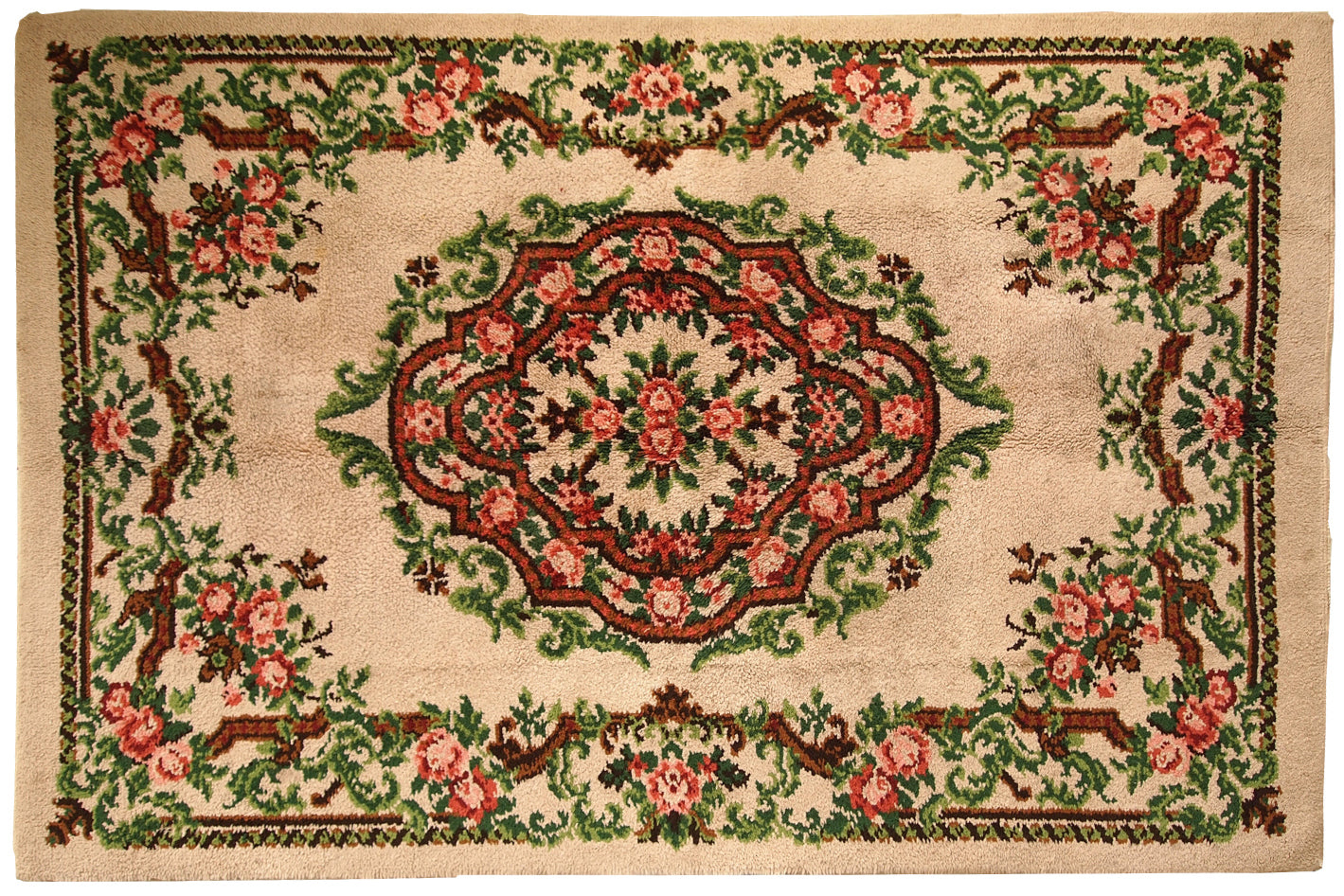 Vintage Belgian Savonnerie Rug - Green and Red Garden Design
