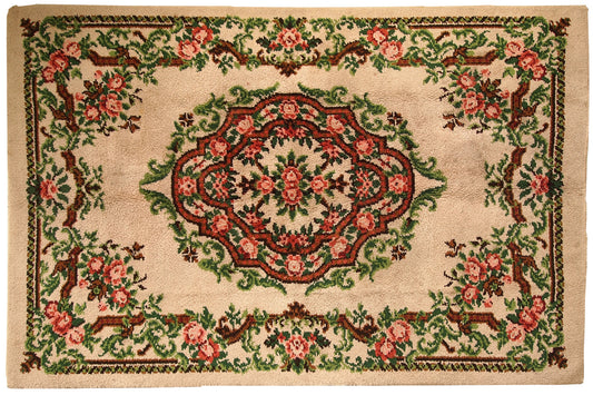 Vintage Belgian Savonnerie Rug - Green and Red Garden Design