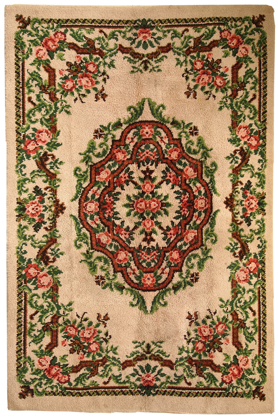 Vintage Belgian Savonnerie Rug - Green and Red Garden Design
