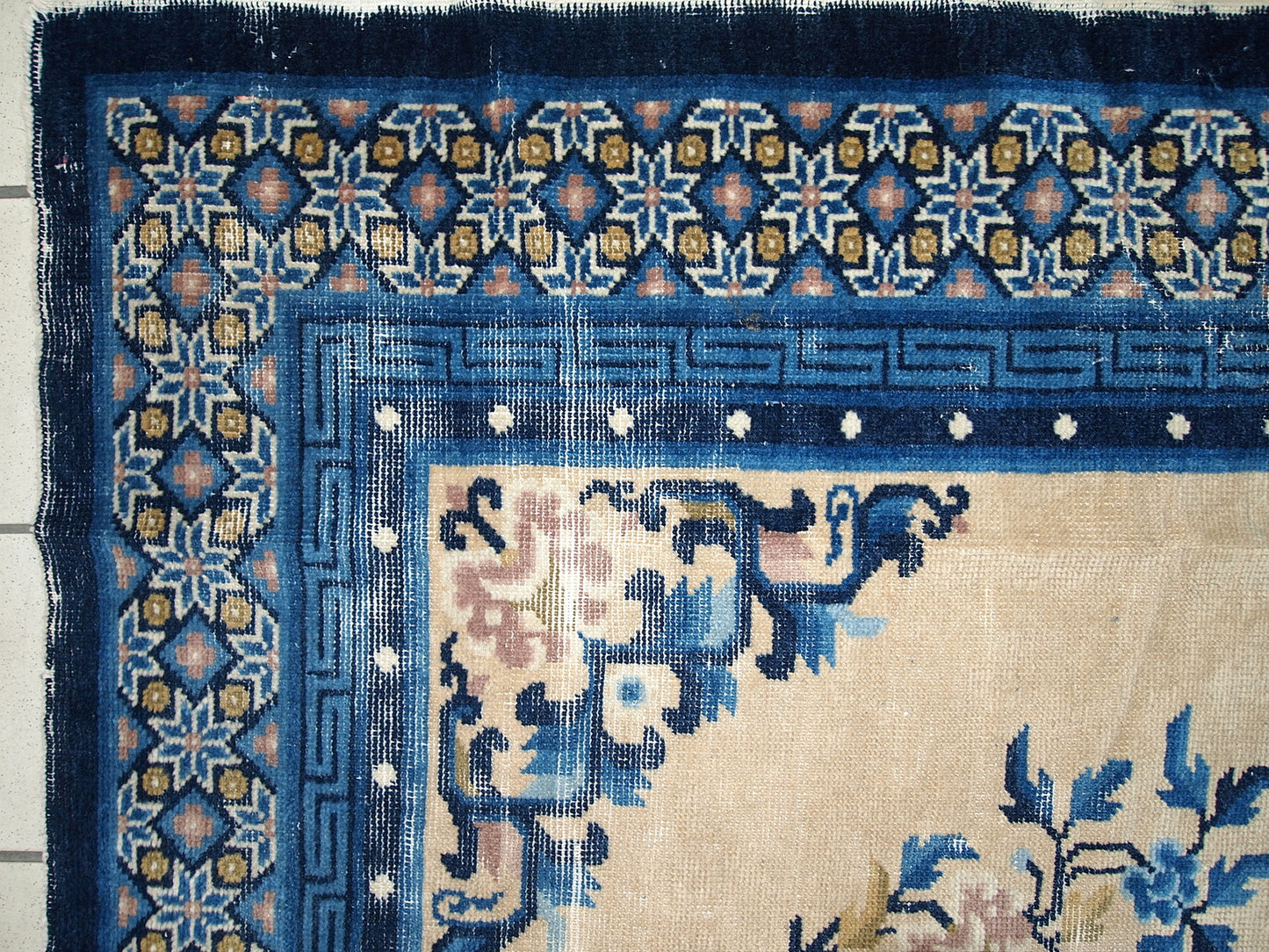 Worn Beauty of Antique Peking Rug - Beige and Blue Vintage Art