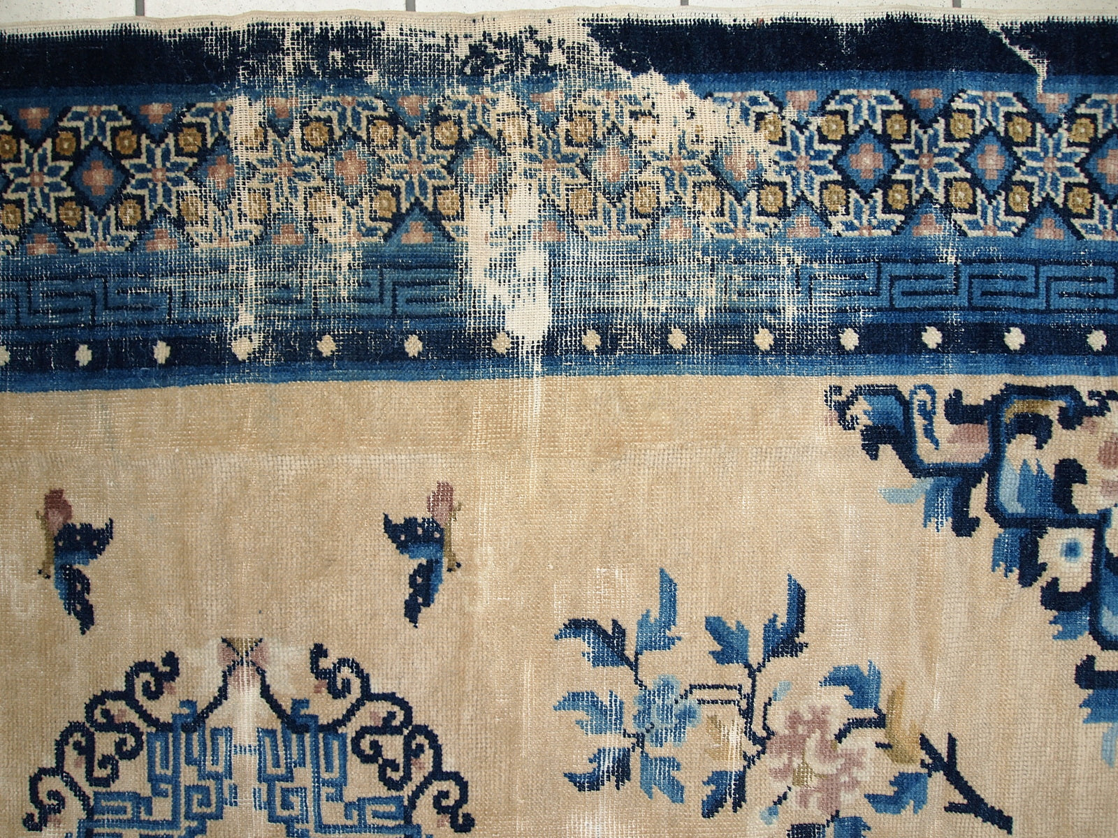 Antique Peking Rug's Intricate Patterns - Distressed Beige and Blue Wool