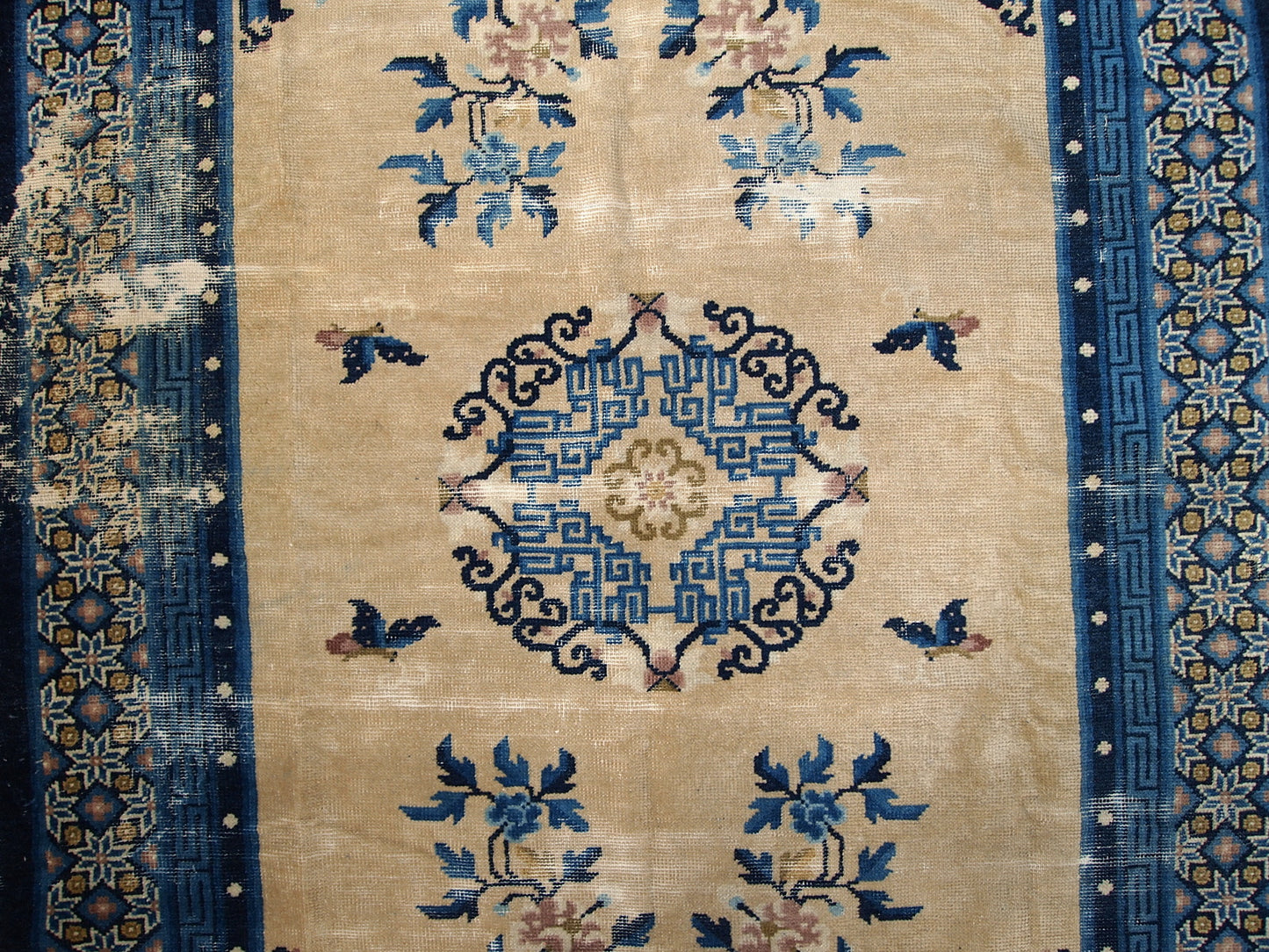 Distressed Antique Peking Rug - Traditional Beige and Blue Oriental Carpet