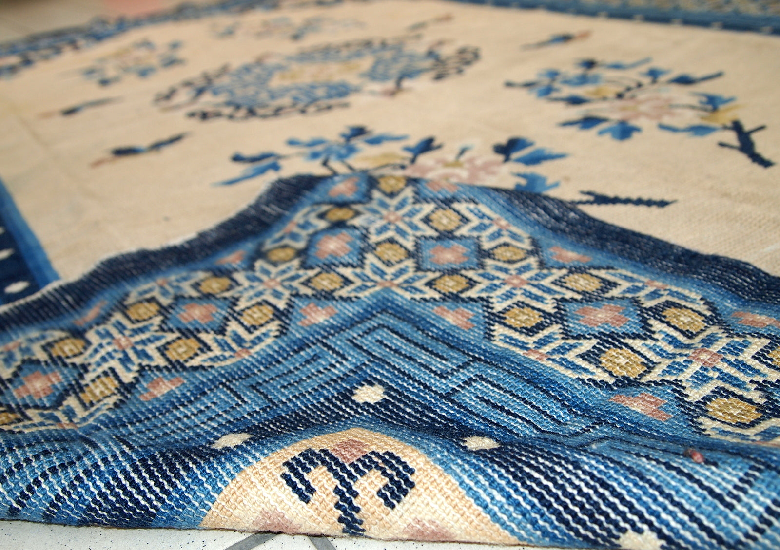 Close-up of Antique Peking Rug - Vintage Beige and Blue Oriental Carpet