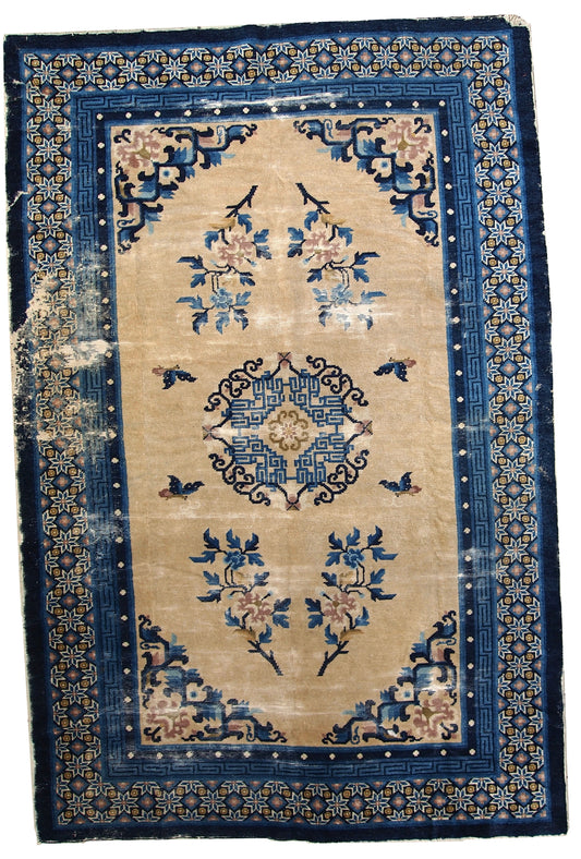 Handmade Antique Peking Chinese Rug - Distressed Beige and Blue Vintage Area Rug