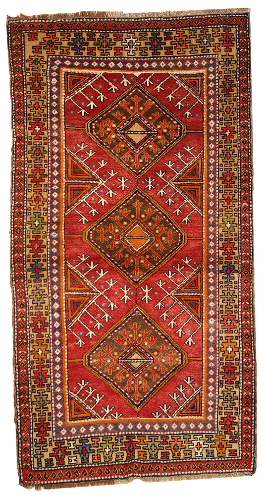 Hand made antique Turkish Anatolian rug 3.5' x 6.8' (107cm x 207cm) 1920s - 1C282