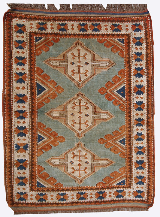 Handmade vintage Caucasian Kazak rug 4.2' x 5.6' (130cm x 170cm) 1970s - 1C324 - One Royal Art