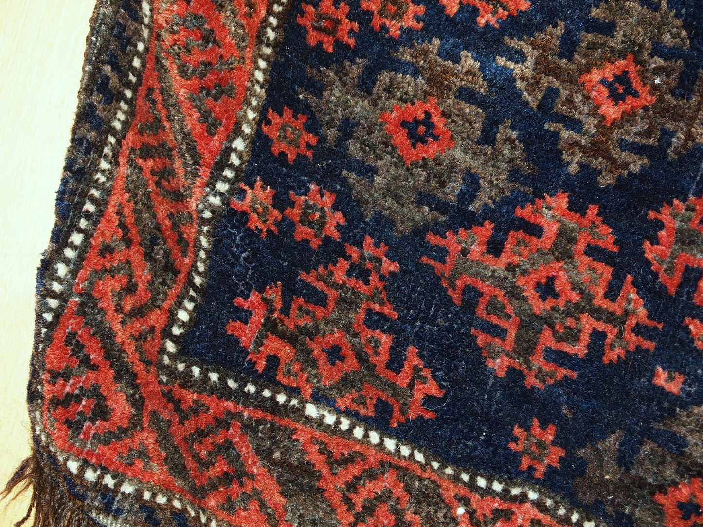 Antique hand made Afghan Baluch salt bag in original good. The rug is from the end of 19th century in night blue, olive green and red shades.