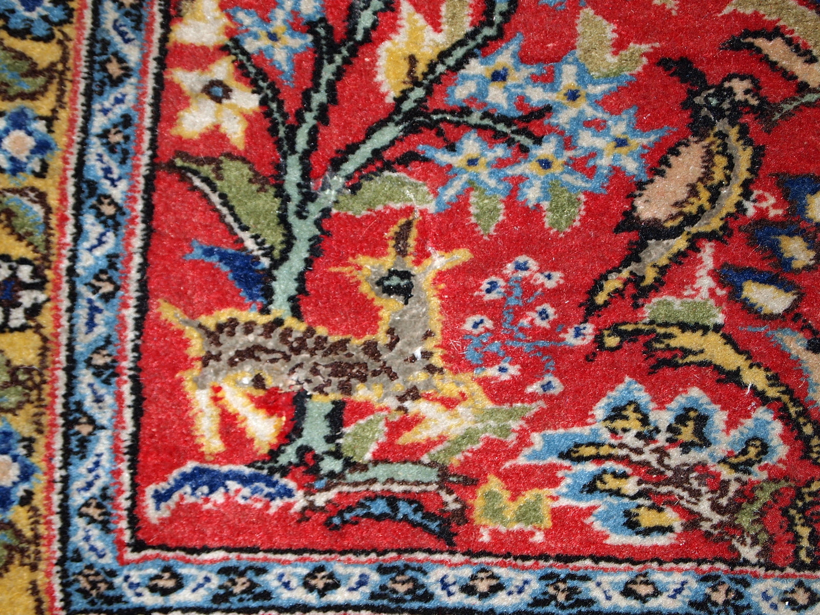 Vintage Persian Tabriz mat in original good condition. This rug made in red, sky blue and yellow wool.