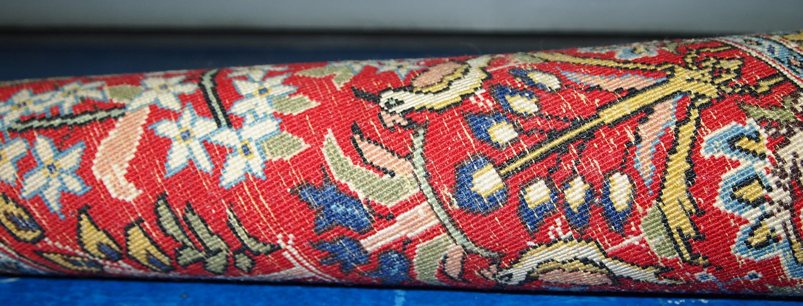 Vintage Persian Tabriz mat in original good condition. This rug made in red, sky blue and yellow wool.
