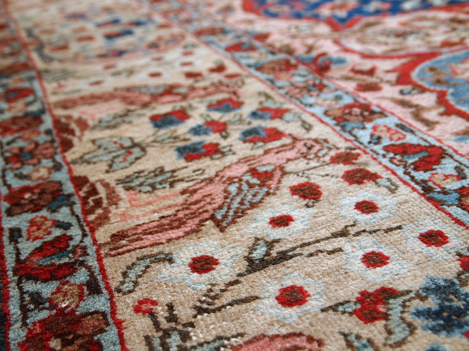 Antique Tabriz rug in original good condition. This beautiful masterpiece made in the beginning of 20th century in navy blue and pink shades.
