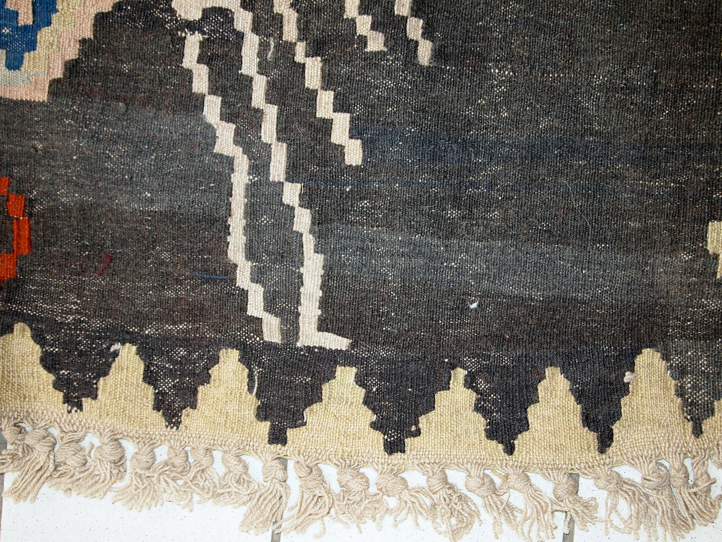 Antique hand made Caucasian Karabagh flat-weave in original good condition. This kilim has been made in black color and abstract design in the beginning of 20th century.