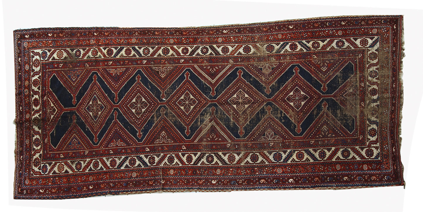 Handmade antique distressed Persian Shiraz rug 4.9' x 11.2' (152cm x 342cm) 1900s - 1C464