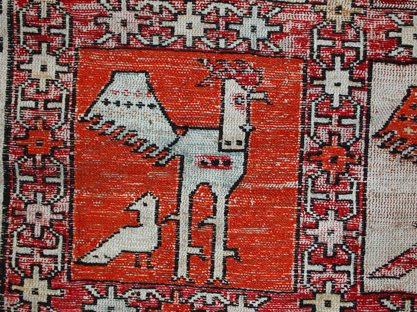 Vintage Persian flat-weave in original good condition. This kilim was made out of artificial silk on cotton base. It has very unusual design of repeated roosters in different shades. It has been made with an accent of warn effect, but it is actually in original good condition.