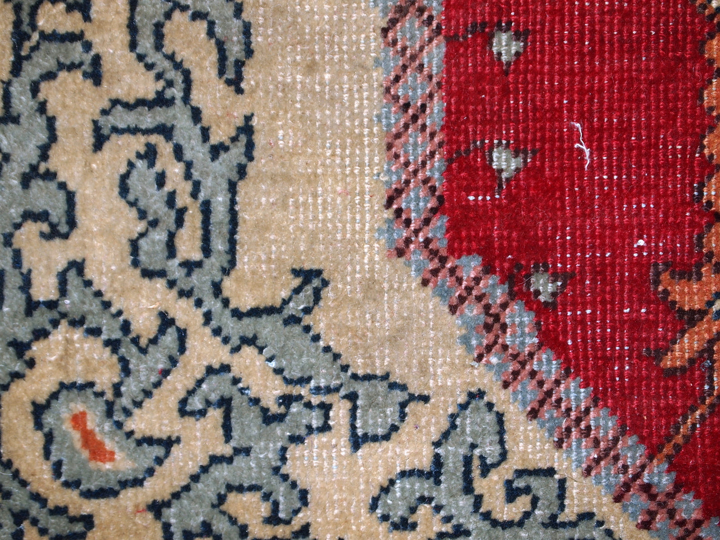 Antique Turkish Konya rug in bright red shade. It has some low pile, but generally in original good condition.
