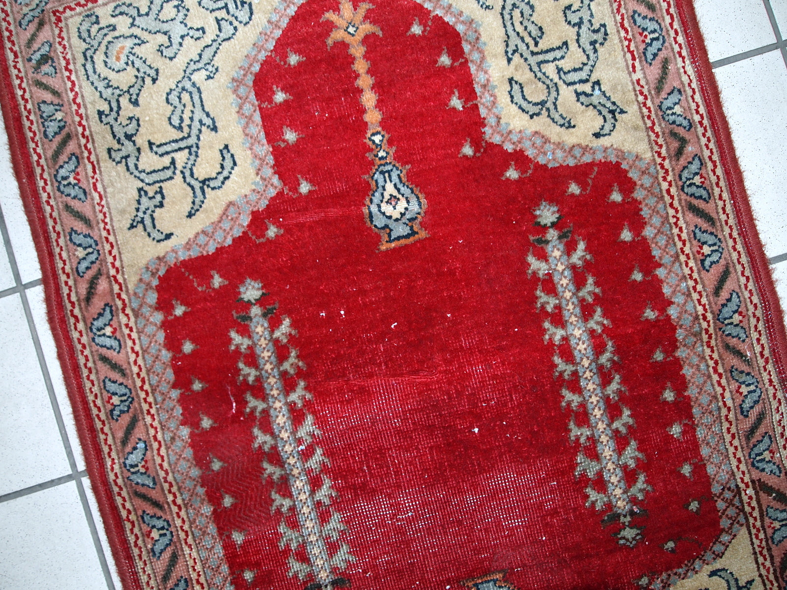 Antique Turkish Konya rug in bright red shade. It has some low pile, but generally in original good condition.