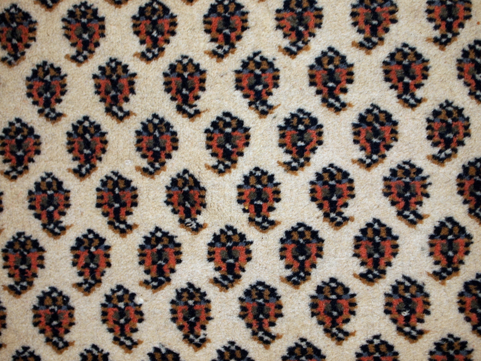 Vintage handmade Indian rug with Seraband design in white shade with rusty border. All-over design with paisley pattern. The rug is from the end of 20th century in original good condition.  