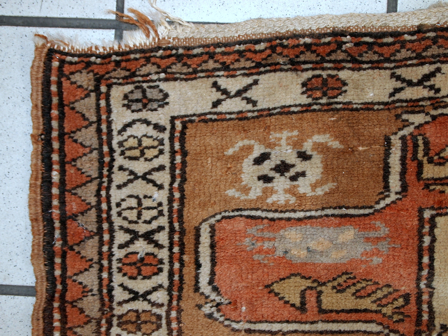 Turkish Oushak narrow runner from the middle of 20th century in original condition, one corner is missing. 