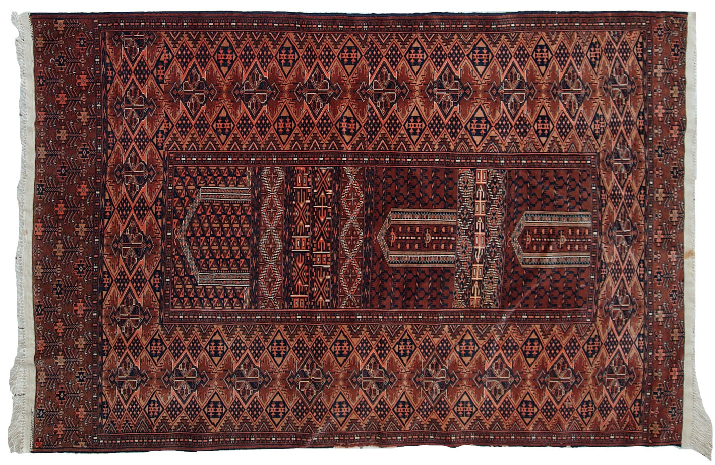 Handmade vintage prayer Turkmen Hachli rug 4.2' x 6' (128cm x 184cm) 1940s - 1C562
