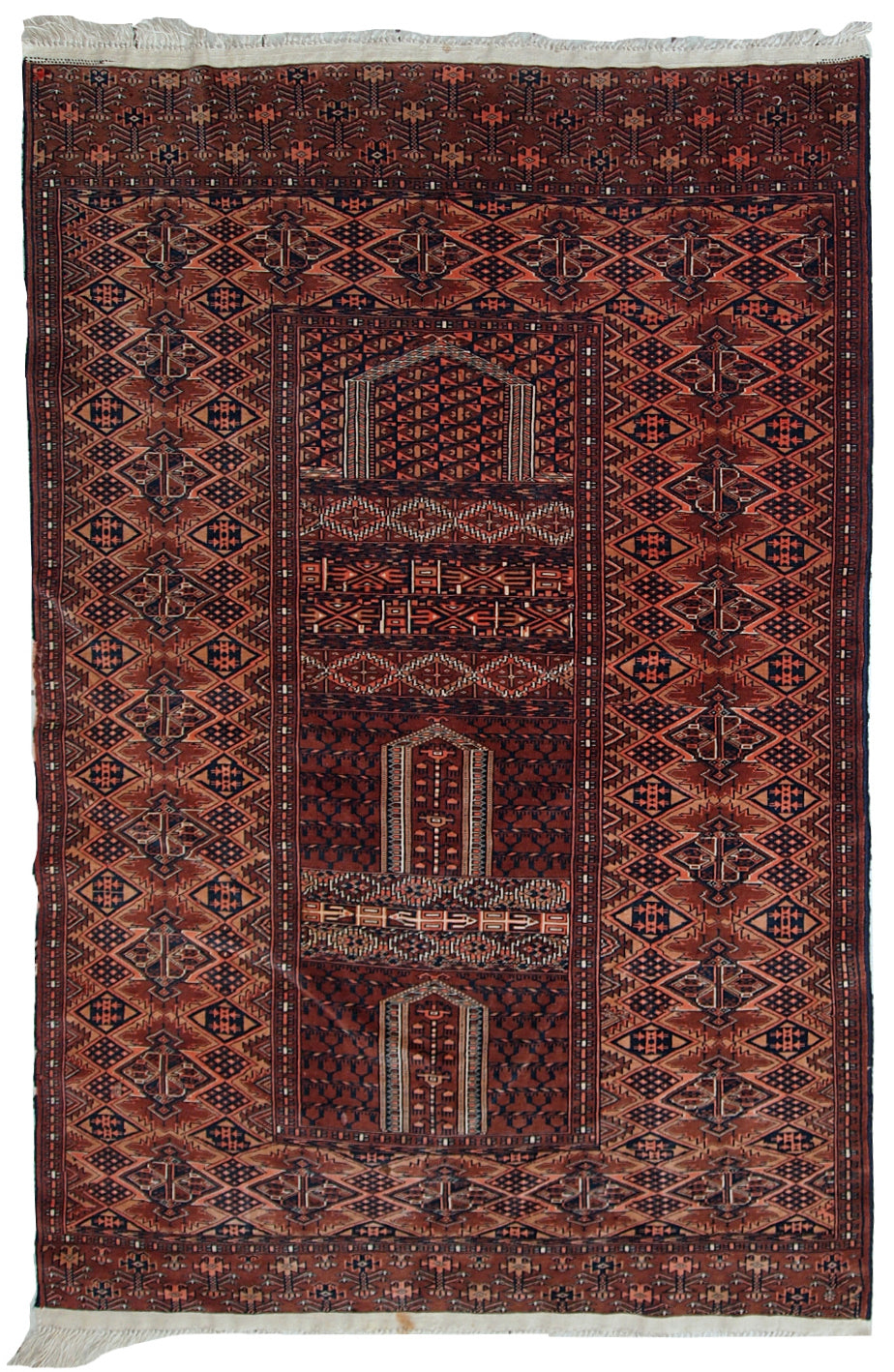 Handmade vintage prayer Turkmen Hachli rug, 1940s