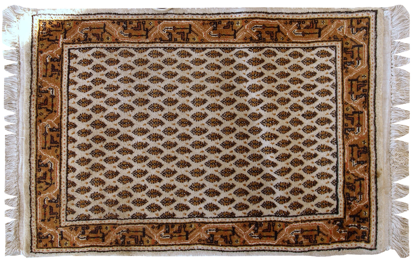 Vintage Indian rug in the style of Persian Seraband. Repeating pattern on the white field, the border is geometric in brown and olive shades. it is in original good condition with full thick pile.